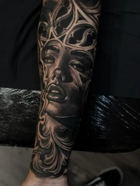 Realism gothic woman portrait tattoo by @inkside1812