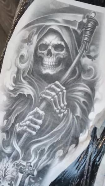 Realism grim reaper skull tattoo by @inkside1812