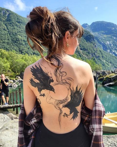 Blackwork two ravens tattoo by @skibber_tattoo