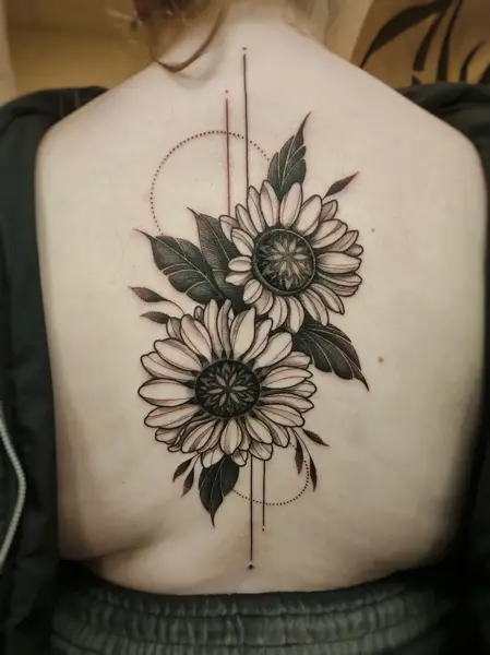 Geometric geometric sunflowers tattoo by @skibber_tattoo
