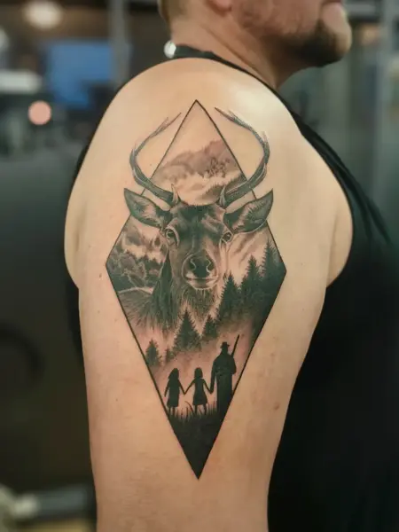 Realism deer landscape tattoo by @skibber_tattoo