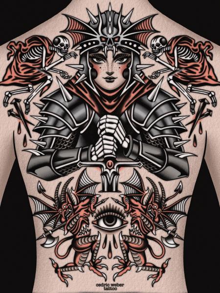 Traditional armored warrior tattoo by @cedric.weber.tattoo