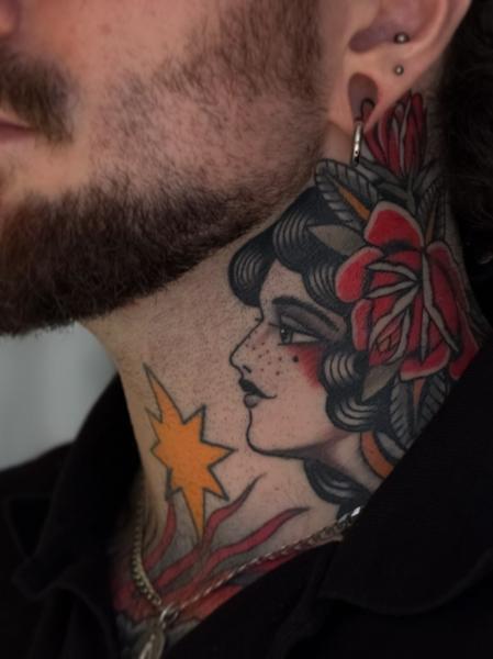 Traditional woman portrait tattoo by @cedric.weber.tattoo