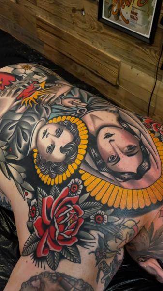 Traditional religious figures tattoo by @cedric.weber.tattoo