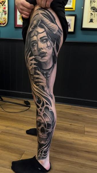 Black and grey realism demonic woman skull tattoo by @chanellejasminart