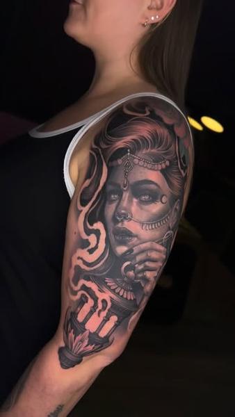 Realism ornate woman lantern tattoo by @chanellejasminart
