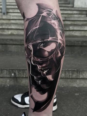 Dark realism abstract woman tattoo by @chanellejasminart