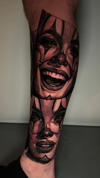 Realism chicano clown faces tattoo by @chanellejasminart