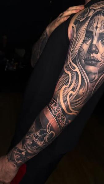 Black and grey realism ornate woman skull tattoo by @chanellejasminart
