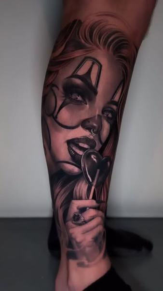 Realism clown girl portrait tattoo by @chanellejasminart