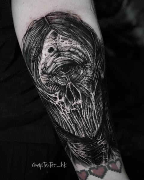 Blackwork horror portrait tattoo by @chapta.too_hk