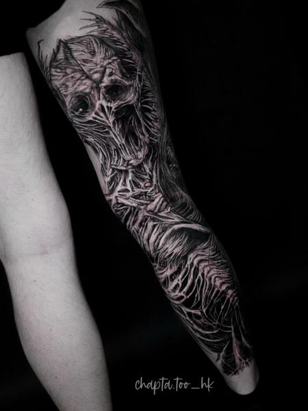 Realism horror skull tattoo by @chapta.too_hk