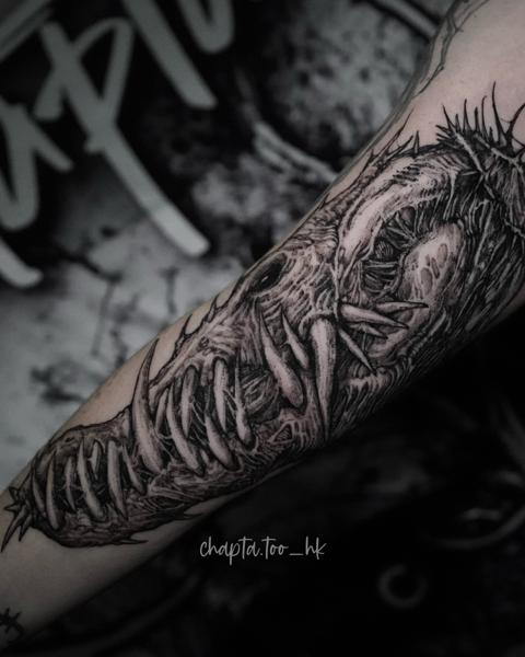 Blackwork monster jaw tattoo by @chapta.too_hk