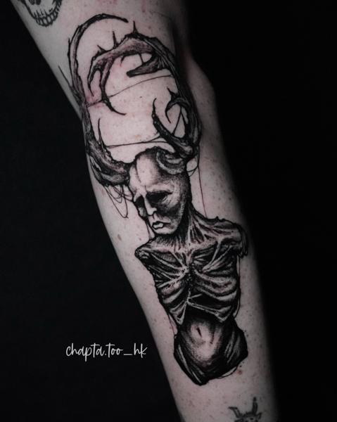 Blackwork antlered figure tattoo by @chapta.too_hk