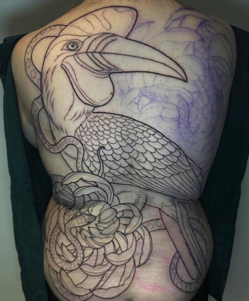 Linework toucan and snake tattoo by @charliesullivantattoo