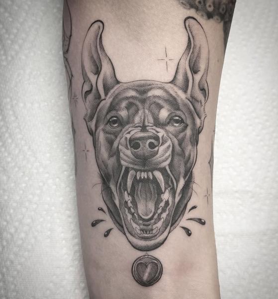 Blackwork snarling doberman tattoo by @chazappletattoo