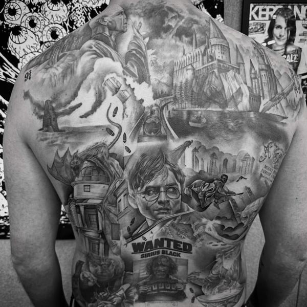 Realism harry potter collage tattoo by @chazappletattoo