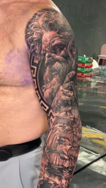 Realism greek god and ship tattoo by @charlieinkmanrobbins