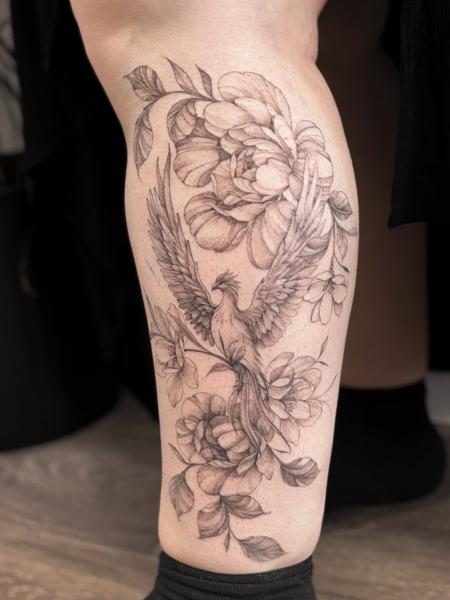 Fine line phoenix and flowers tattoo by @charliexneedles