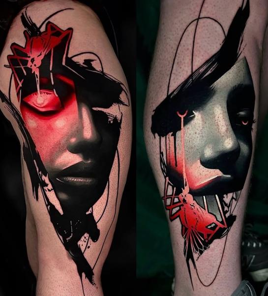 Abstract realism abstract face tattoo by @sirtattooart