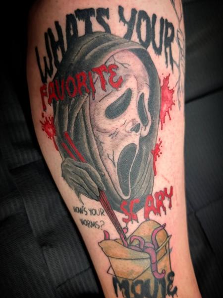 Illustrative ghost face tattoo by @cheyenne_hertz_tattoos