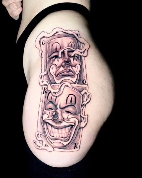 Realism clown playing cards tattoo by @chico_payaso.ink