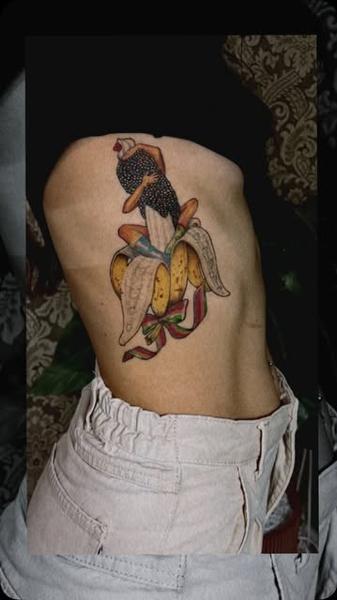 Surrealism banana woman tattoo by @chico_payaso.ink