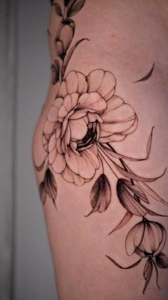 Fine line peony flowers tattoo by @itschloepeach