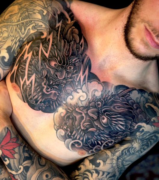 Japanese demon masks tattoo by @chriscrookstattoo