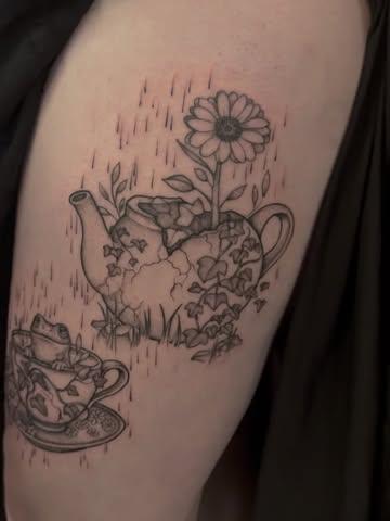 Fine line flower teapot tattoo by @chrishatchtattoo