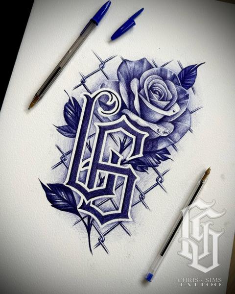 Chicano script realism script letter rose tattoo by @chrissimstattoo