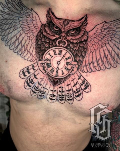 Blackwork owl clock tattoo by @chrissimstattoo