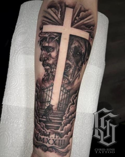 Realism jesus dog memorial tattoo by @chrissimstattoo