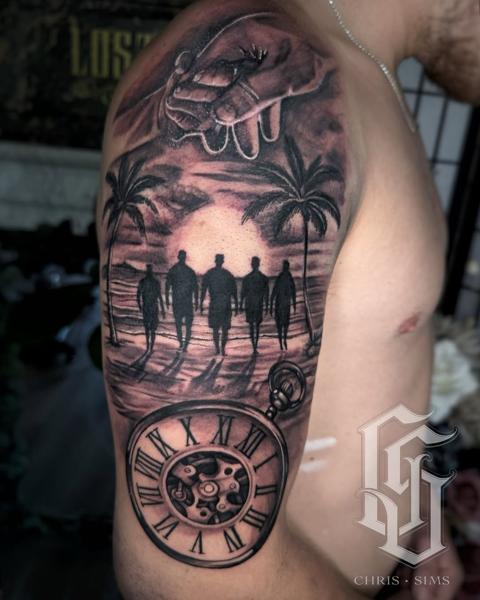 Realism family beach scene tattoo by @chrissimstattoo