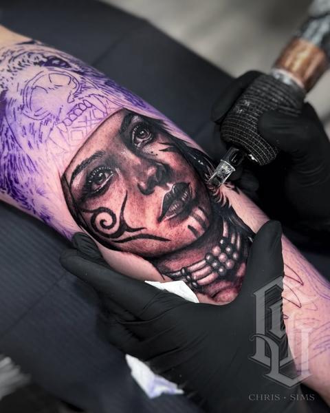 Dark realism dark woman portrait tattoo by @chrissimstattoo