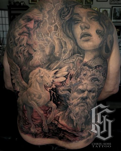 Realism mythological gods tattoo by @chrissimstattoo