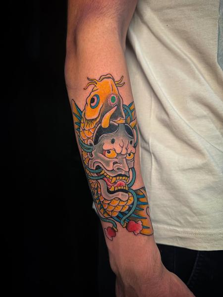 Japanese japanese mask tattoo by @radntrad.tattoos