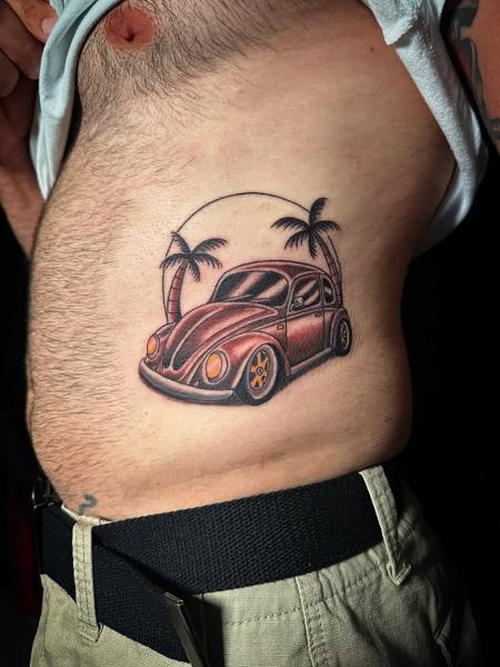 Illustrative car with palm trees tattoo by @radntrad.tattoos