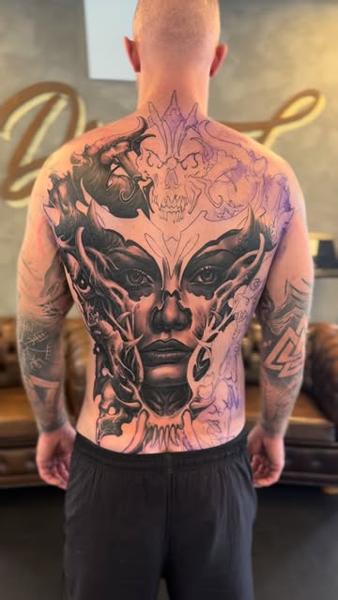 Realism dark fantasy portrait tattoo by @boyetattoo