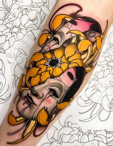 Neo-traditional broken mask floral tattoo by @devilclawtattoo