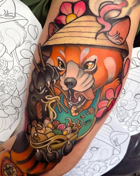 Illustrative red panda ramen tattoo by @devilclawtattoo