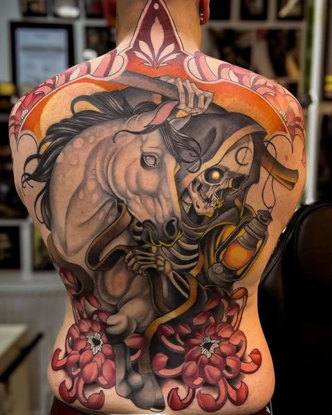 Neo-traditional reaper horse flowers tattoo by @devilclawtattoo