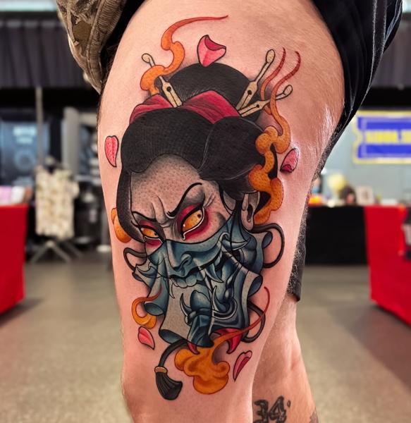 Neo-traditional hannya geisha tattoo by @devilclawtattoo