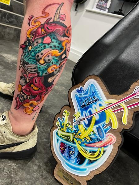 Neo-traditional oni leopard tattoo by @devilclawtattoo