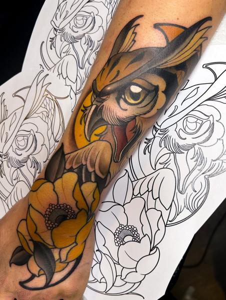 Neo-traditional neo-traditional owl tattoo by @devilclawtattoo