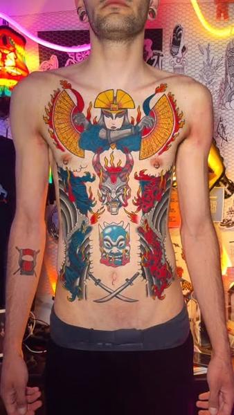 Japanese samurai and dragons tattoo by @moch.tattoo