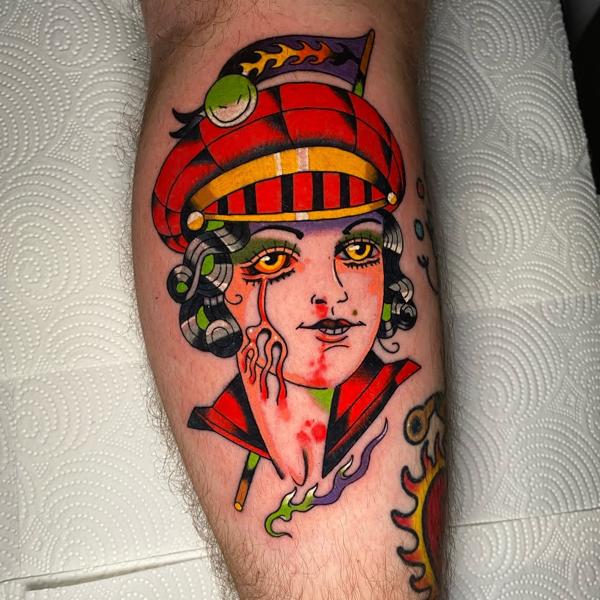 Neo-traditional crying woman portrait tattoo by @bitros_tattoo