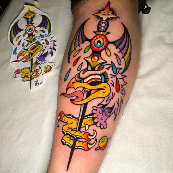 New school fantasy sword bird tattoo by @bitros_tattoo