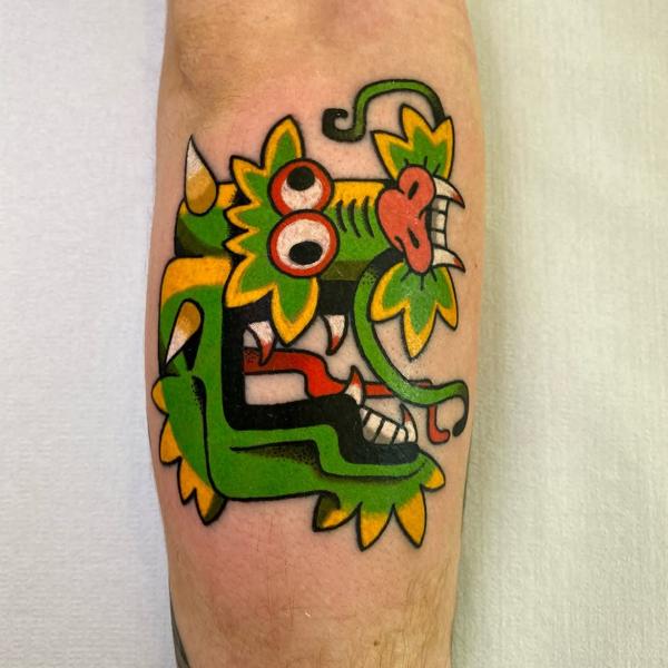 Traditional aztec serpent tattoo by @bitros_tattoo