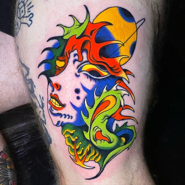 Illustrative abstract female face tattoo by @bitros_tattoo